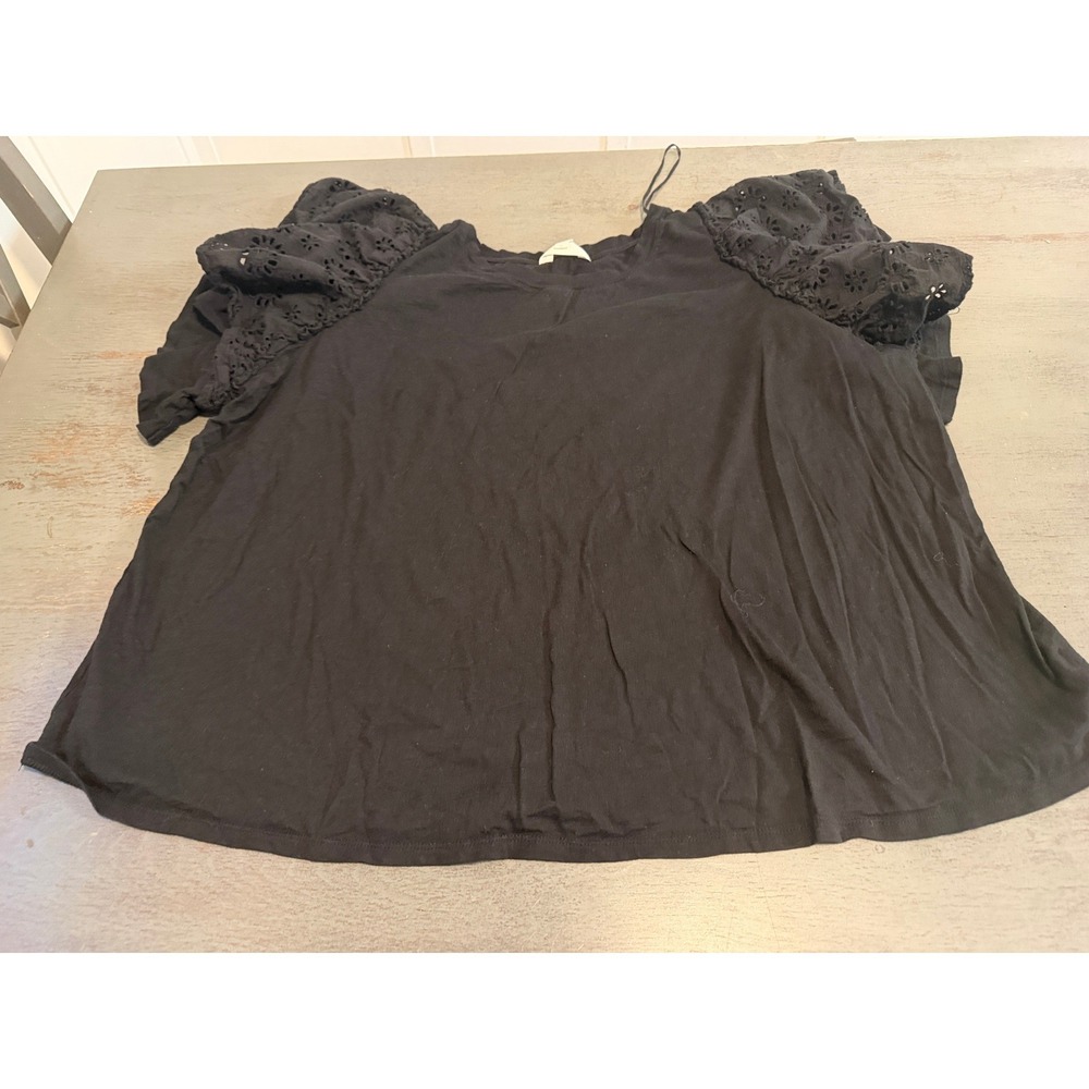Terra & Sky Black Eyelet Lace Puff Sleeve Top Plus Size 2X 20W-22W Mixed Media